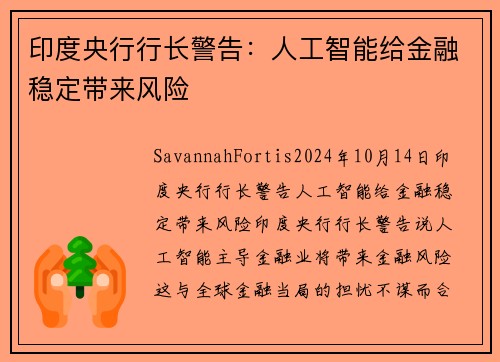 印度央行行长警告：人工智能给金融稳定带来风险 